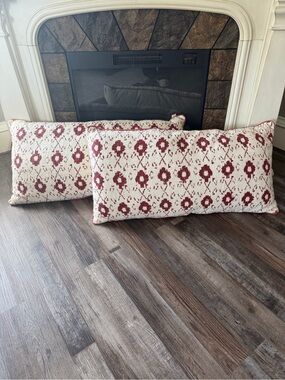Long Decorative Accent Pillows - Cream with Burgundy Floral Pattern Boho